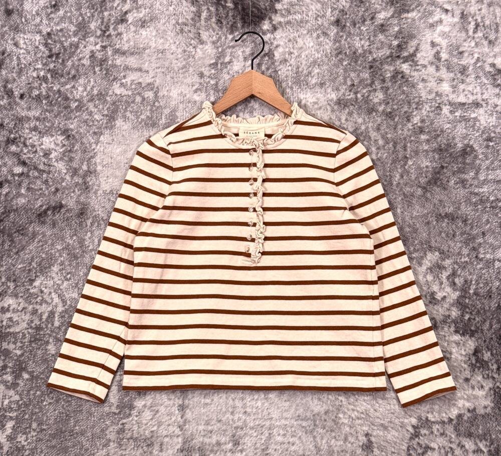 Sezane Gael Mariniere Top XS Womens Striped Jersey Knit Ruffle Collar Popover